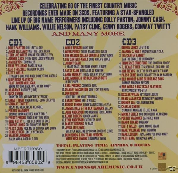 Albumcover mit Titellisten verschiedener Künstler. Enthält eine Liste von Songs mit dem Titel: Celebrating 60 of the finest country music.