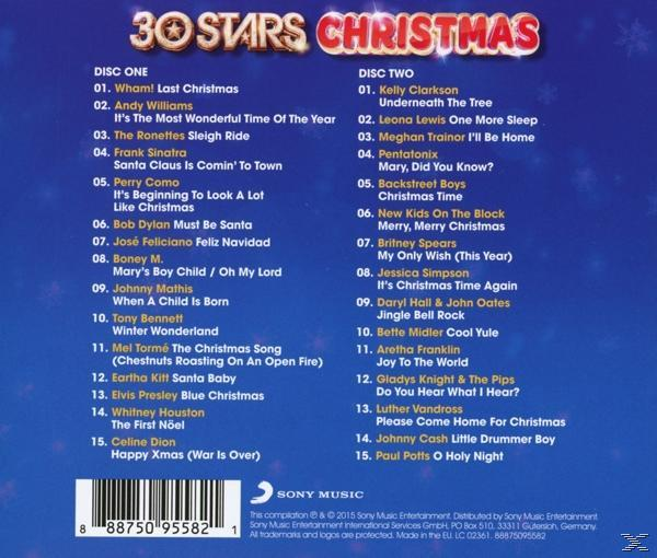 A 30 Stars Christmas album borítója. Az Első és a Második lemez listái. Sony Music logó alul.