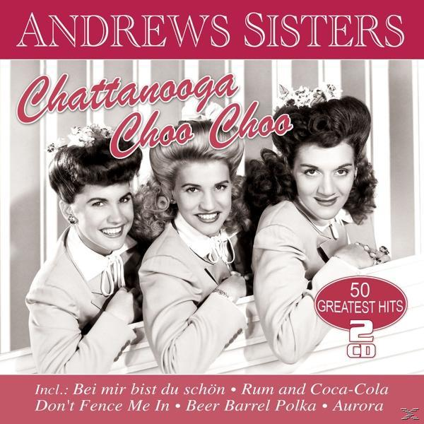 Albumcover von The Andrews Sisters, Chattanooga Choo Choo. Drei lächelnde Frauen, Vintage-Stil, roter Titel.