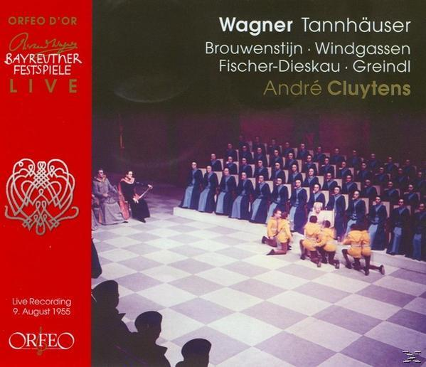 Albumcover für Wagners Tannhäuser. Enthält eine Bühne mit Darstellern und Text auf rotem Hintergrund.
