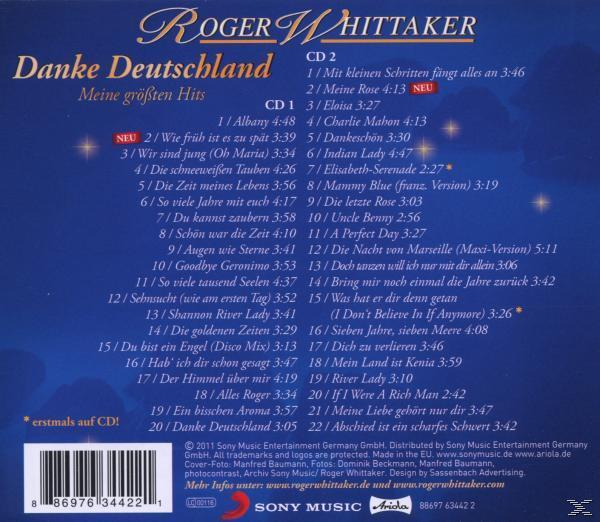 CD-Cover für Roger Whittakers Album 'Danke Deutschland' mit Titelliste und Albumtitel.