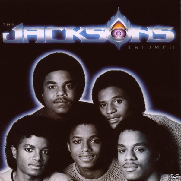 Albumcover. 5 Männer vor dunklem Hintergrund. Text: 'The Jacksons' und 'Triumph'.