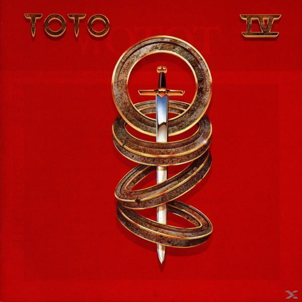 Albumcover mit einem Schwert durch einen Ring. Roter Hintergrund, Gold- und Silberakzente. 'TOTO IV' Text.