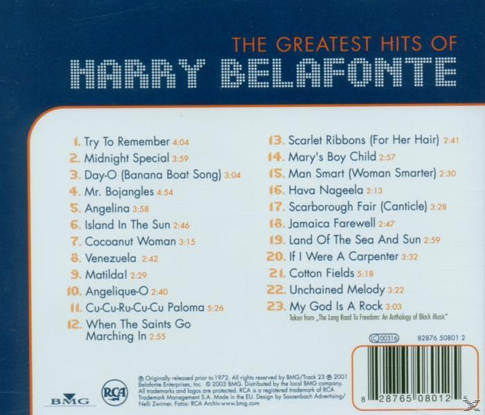 CD-Rückseite mit Titelliste von Harry Belafontes größten Hits. Blaues und weißes Design.