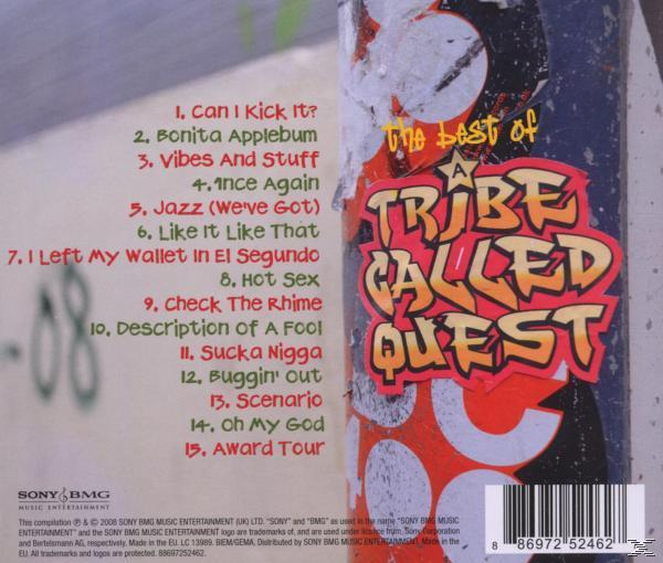 Rückseite einer CD mit einem Tribe Called Quest-Album. Graffiti-Logo und Trackliste auf gemustertem Hintergrund.