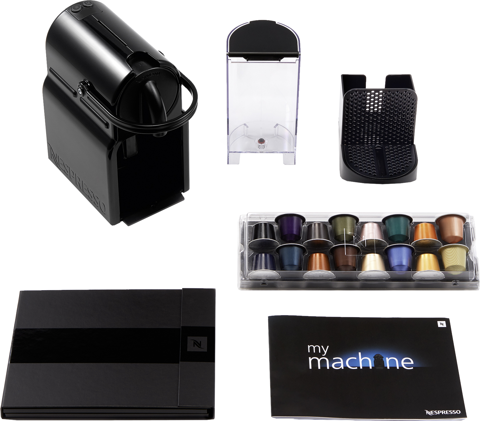 Fekete Nespresso gép több alkatrésszel és kávékapszulával.
