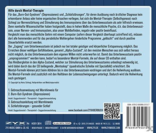 CD-Rückseite mit Text zur Mentaltherapie. Blauer Hintergrund mit weißem Rahmen.