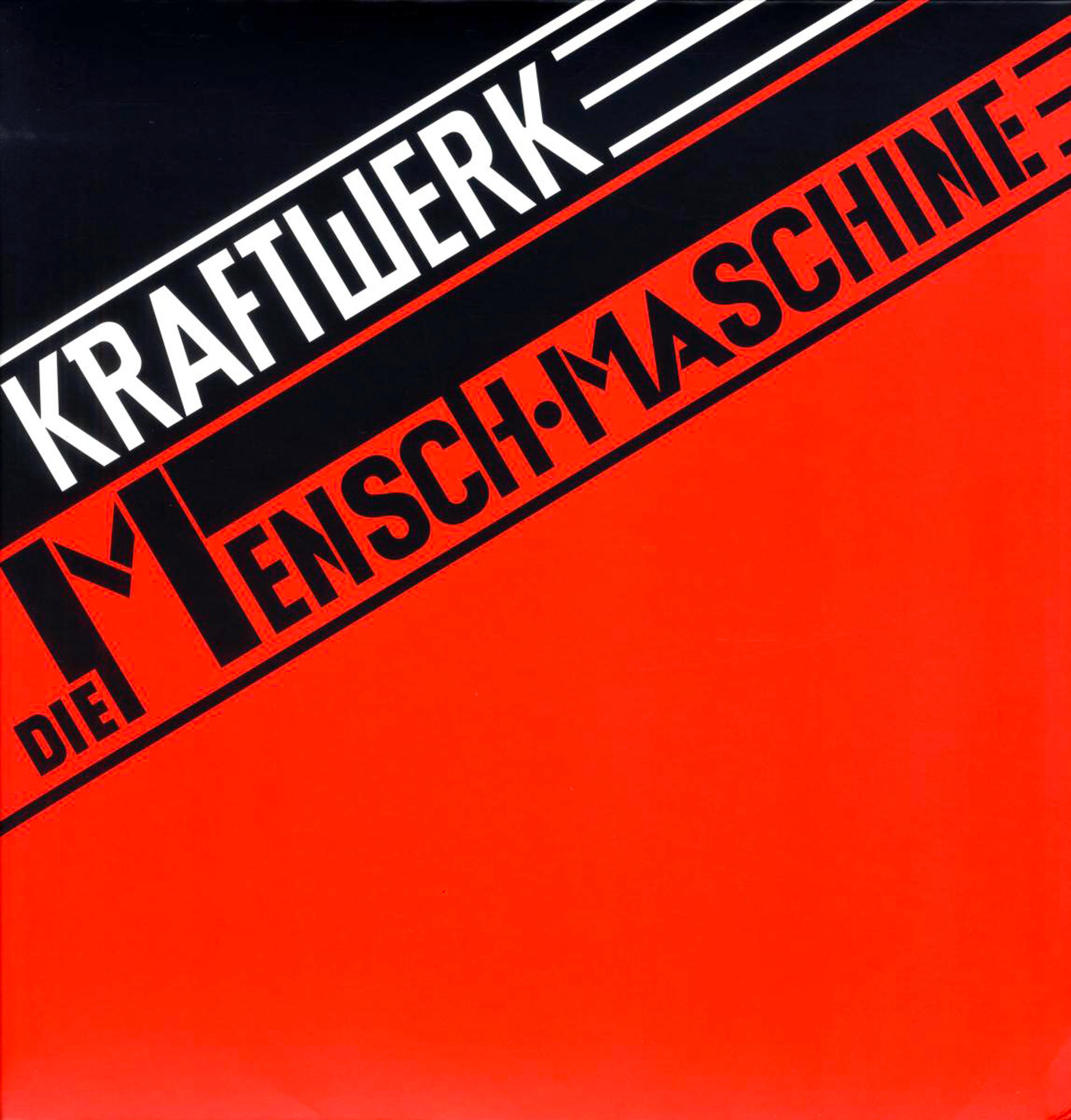 Albumcover mit schwarzen, roten und weißen diagonalen Streifen. Text: 'Kraftwerk', 'Mensch Maschine'.