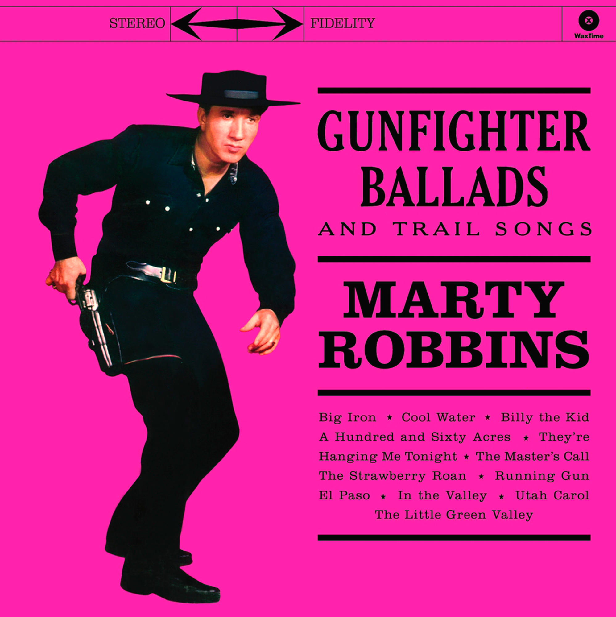 Albumcover: Marty Robbins, 'Gunfighter Ballads'. Er hält eine Pistole, rosa Hintergrund, schwarzer Text.