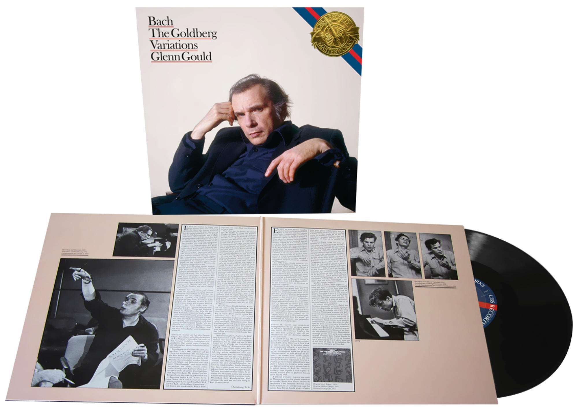 Albumcover: Glenn Gould am Klavier. Text 'Bach The Goldberg Variations' auf rosa Hintergrund.