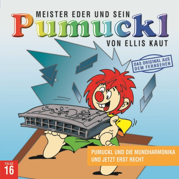 Cartoon-Cover einer Pumuckl-DVD. Zeigt Pumuckl mit einer Mundharmonika und einem bunten Hintergrund.