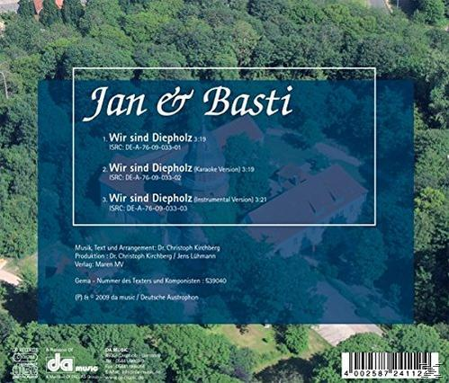 CD-Cover mit dem Titel 'Jan & Basti'. Hintergrund ist eine Luftaufnahme von grünen Bäumen und Gebäuden. Text enthält Songtitel, Credits und Barcode.