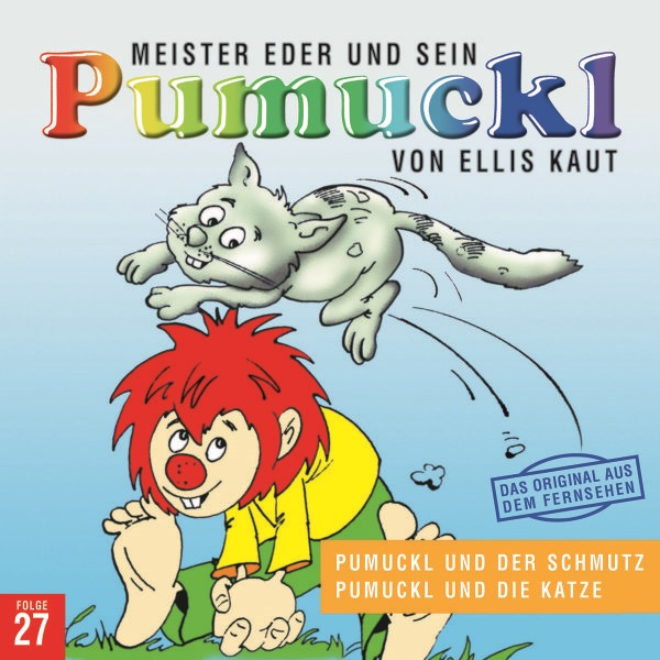 Cartoon-Cover: 'Pumuckl'. Ein rothaariger Junge mit einer Katze, die in die Luft springt. Text auf Deutsch.