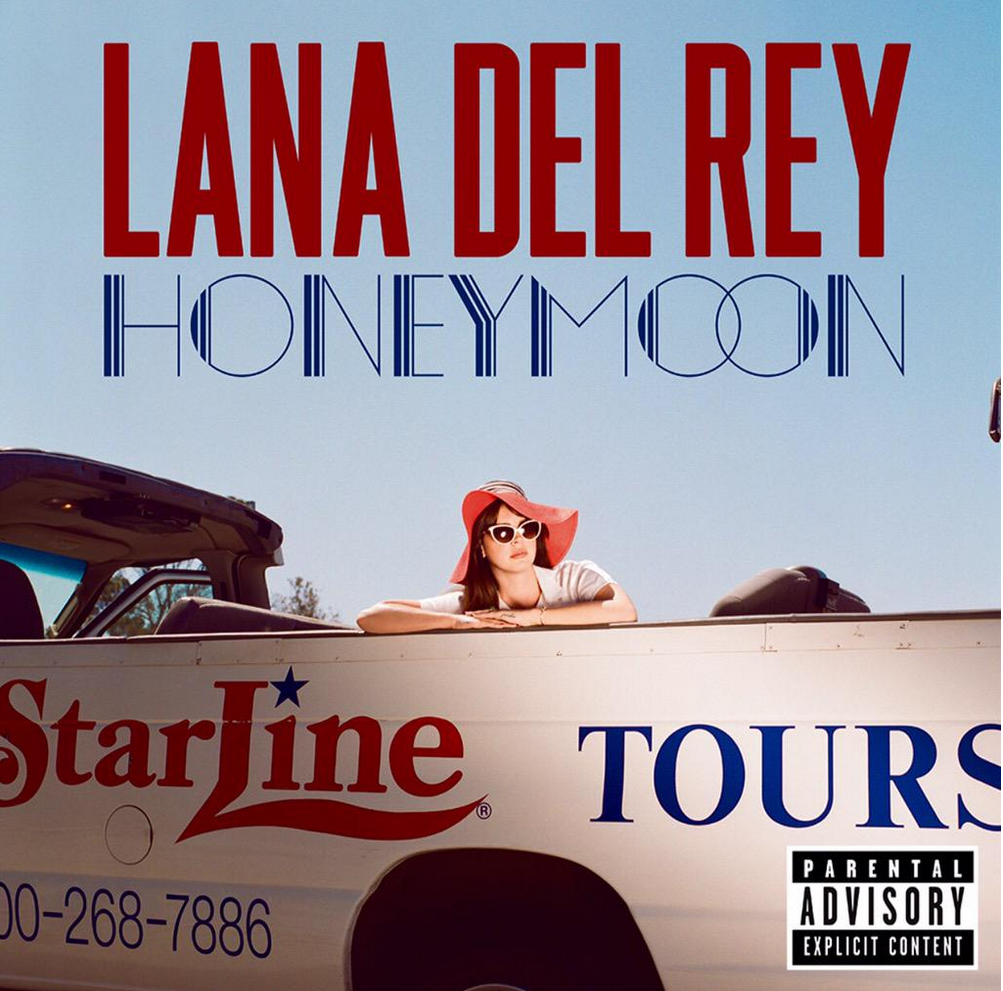 Pochette d'album : Lana Del Rey Honeymoon sur une voiture avec 'Starline Tours' et une femme.