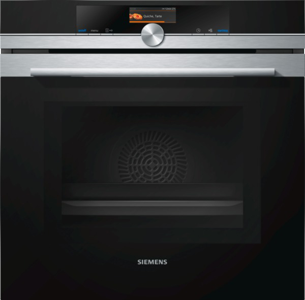 Einbauofen, schwarze Frontblende mit silbernem Griff und Display. Siemens-Logo unten.
