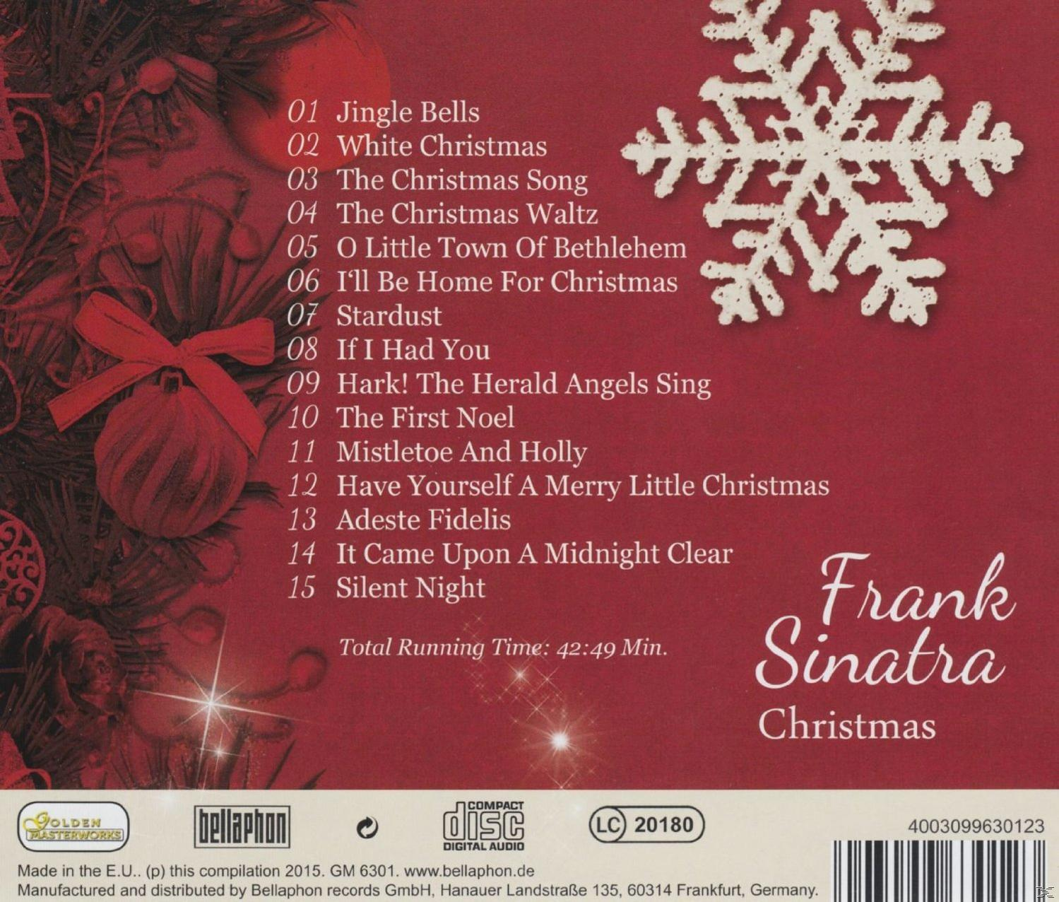 CD-Cover für Frank Sinatras Weihnachtsalbum mit Titelliste, Schneeflocke und Logo.