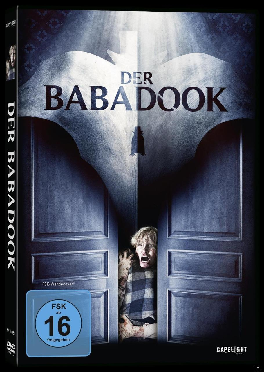 Filmplakat für 'Der Babadook'. Ein Kind und ein Monster stehen in einer dunklen Tür. Dunkles Farbschema.