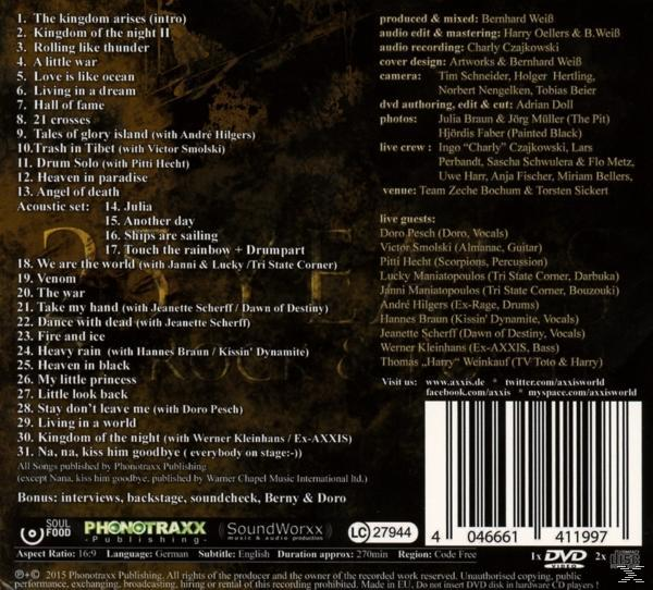 Album-Rückseite: 'Axxis', Trackliste, Credits. Schwarzer Hintergrund. CD- und DVD-Logos.