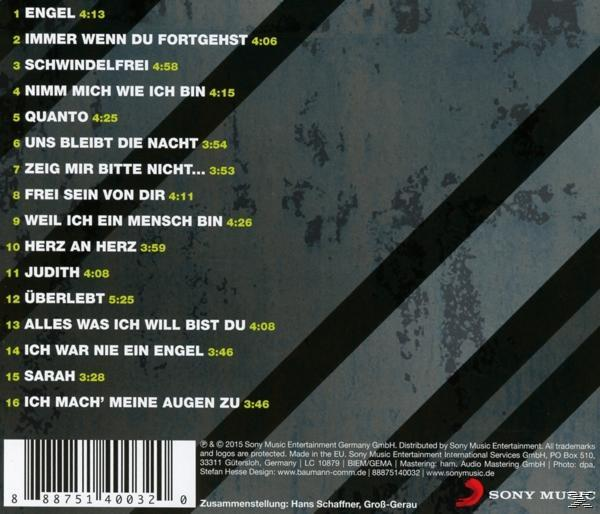CD-Cover mit Titelliste: Engel, Immer wenn du fortgehst, Schwindelfrei, Nimm mich wie ich bin, Quanto, etc.