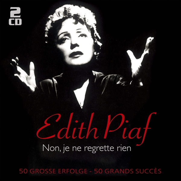 Albumcover mit Edith Piaf. Sie ist in Schwarzweiß mit Titeltext.