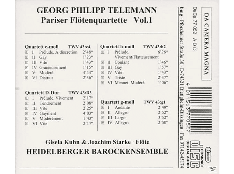 Thumbnail - Kuhn, Starke, Heidelb.Barockor. - Pariser Flötenquartette Vol.1 (CD)