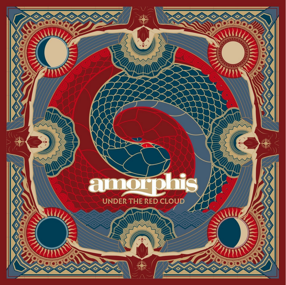 Albumhoes: Een symmetrisch ontwerp met een rode slang in het midden, omringd door patronen in rood, blauw en beige.