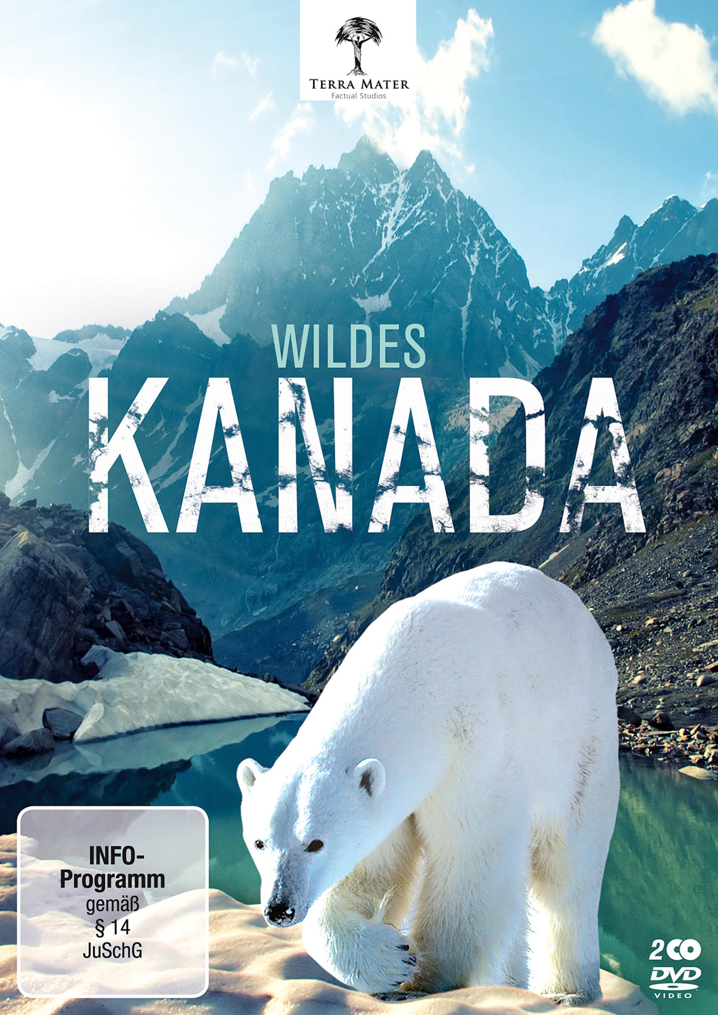 DVD-Cover von 'Wildes Kanada', Eisbär am schneebedeckten Ufer, Berge im Hintergrund.