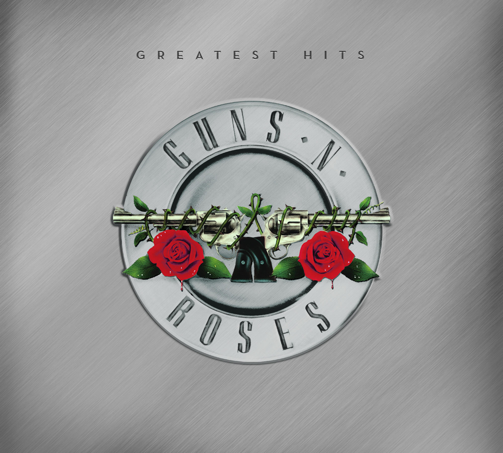 Albumcover mit silbernem Hintergrund. Guns N' Roses-Logo mit roten Rosen.