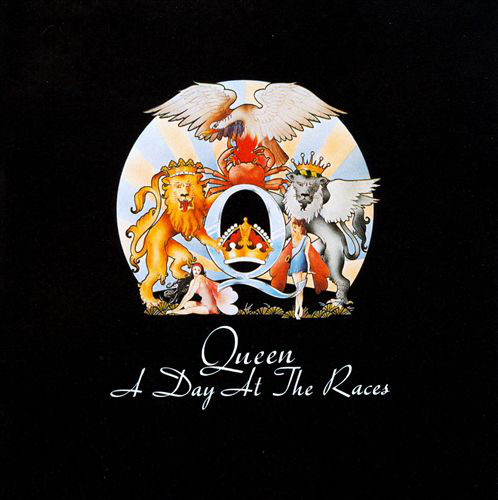 Queen 'A Day At The Races' album borító. Queen logó és lovak és angyalok illusztrációi.