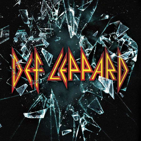 Def Leppard logó piros és sárga színben, törött üveg háttérrel, feketén.