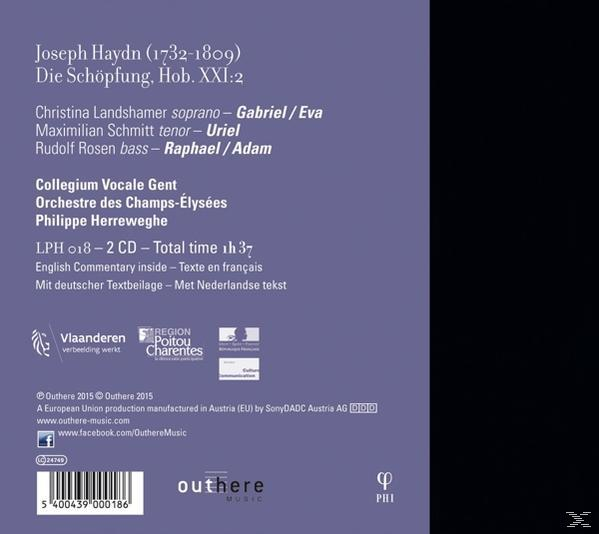 CD-Rückseite. Sie enthält Text über Musik. Titel: 'Die Schöpfung'. Interpreten sind aufgeführt.