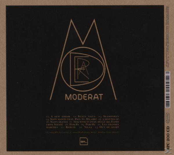 Zwarte albumhoes met een gouden logo en tekst. Het logo heeft het woord 'MODERAT'. Tracklist onderaan.