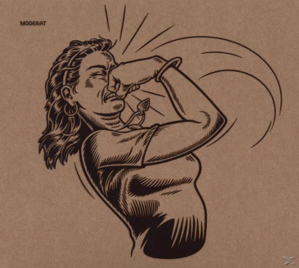 Illustratie van een vuistslag in het gezicht van een vrouw. Bruine achtergrond met het woord 'MODERAT'.