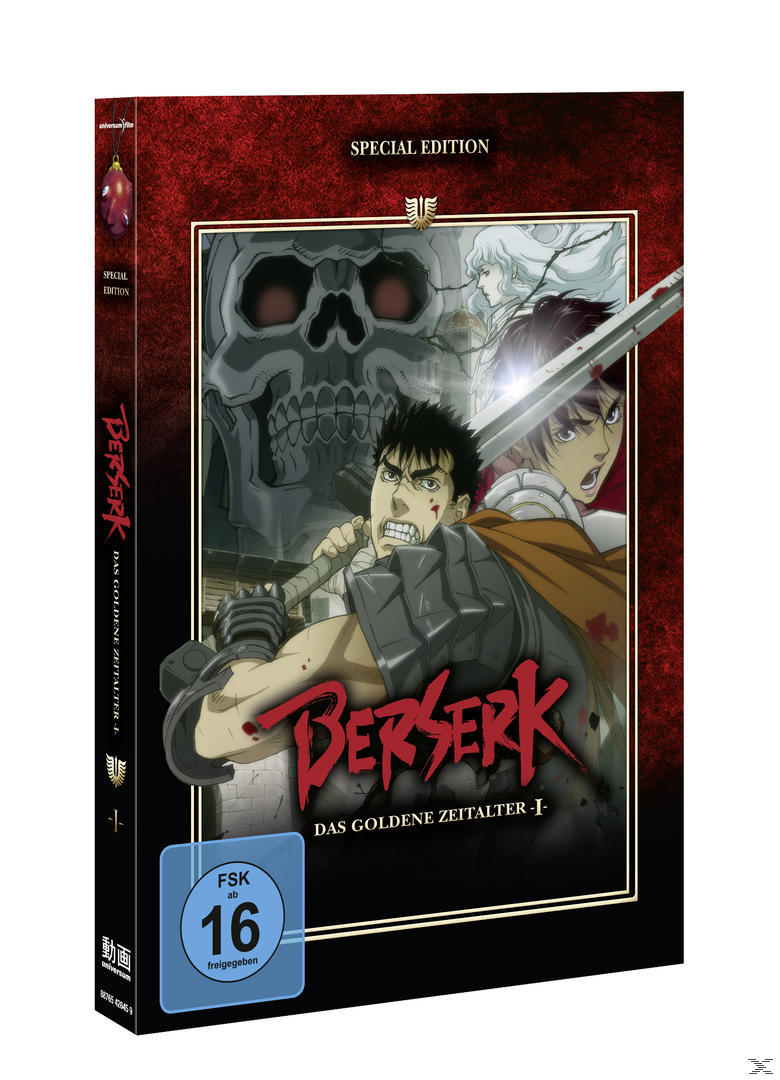 DVD-Cover von Berserk: The Golden Age Arc. Anime-Charaktere mit Schwert und Totenkopf-Hintergrund. Special Edition.