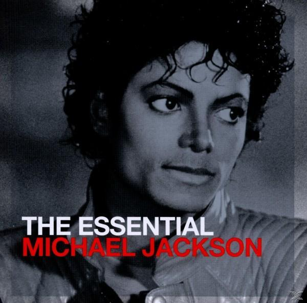 Michael Jackson Albumcover. Schwarz-Weiß-Bild von Michael Jackson mit Text: The Essential Michael Jackson.