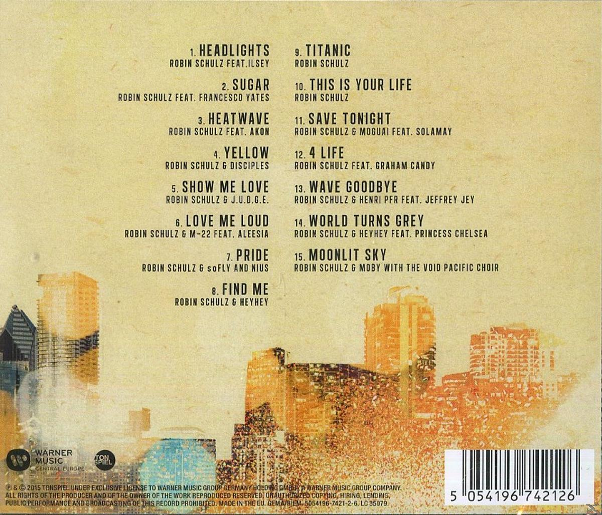 CD-Rückseite mit Songtiteln. Stadtbild im Hintergrund. Barcode unten rechts.