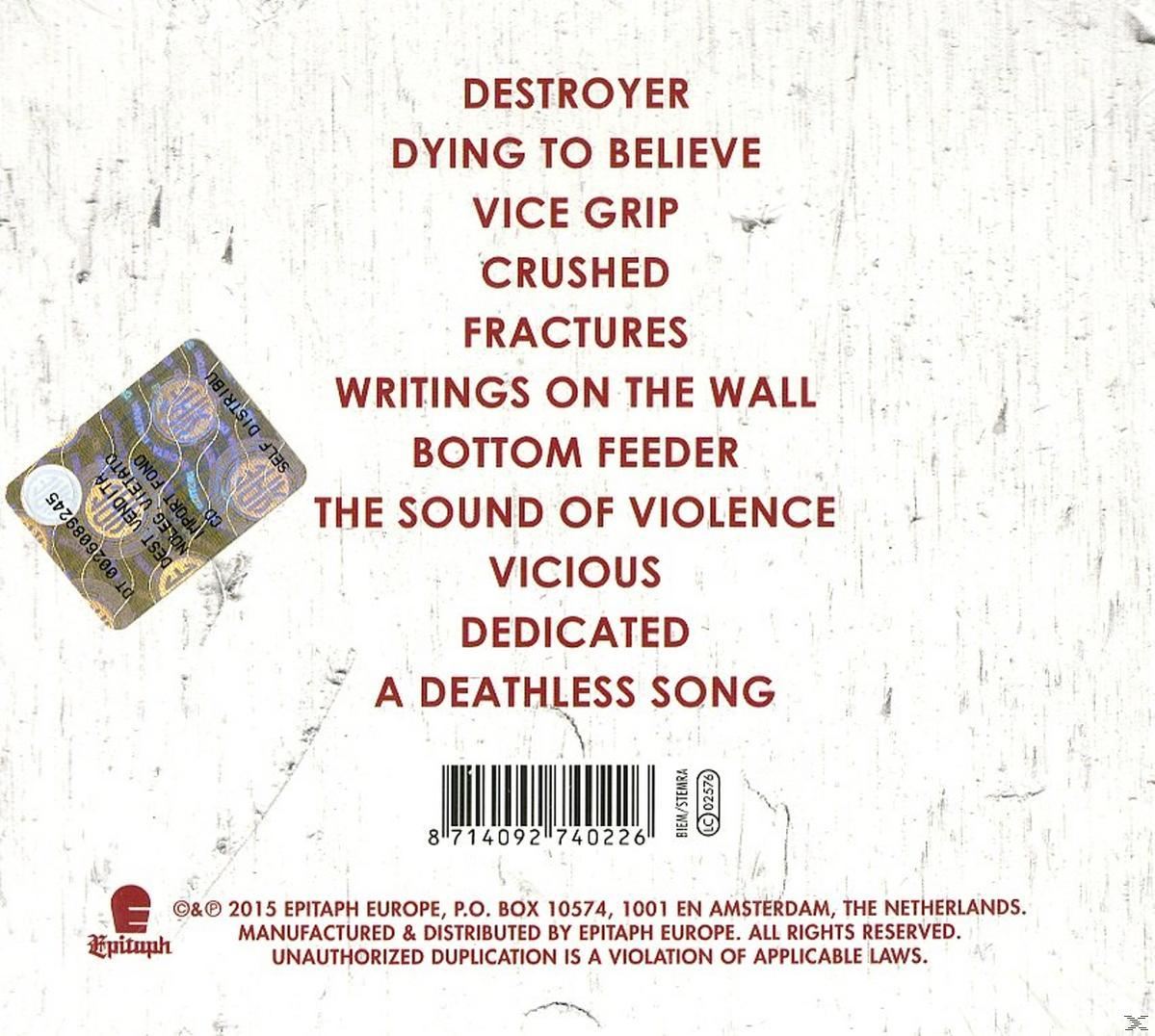 Album-Rückseite mit einer Titelliste und einem Aufkleber auf der linken Seite. Der Albumtitel steht oben.
