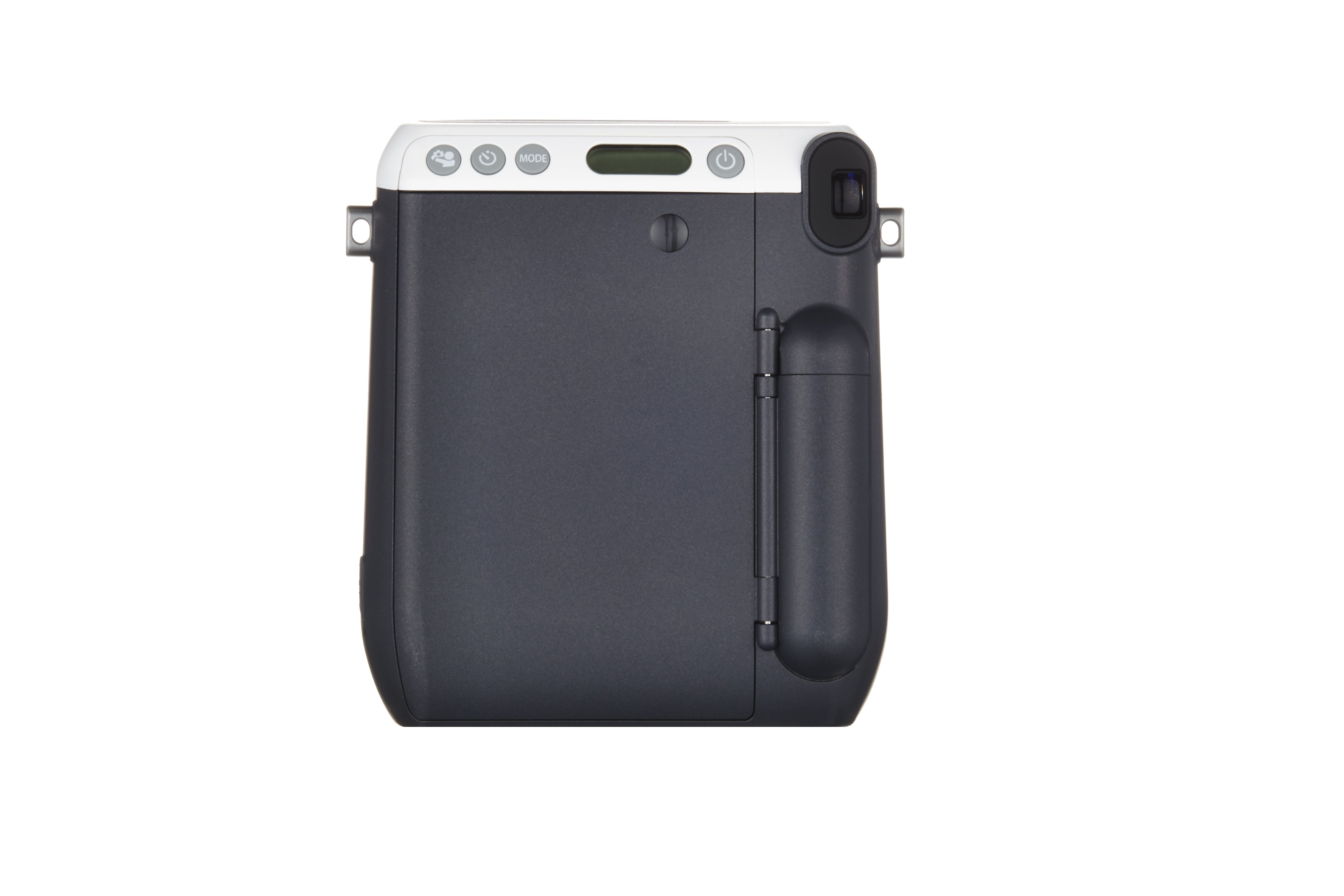 Dunkelgraue Instax-Kamera. Weiße Oberseite mit Knöpfen. Schwarzer Objektivdeckel, isoliert.