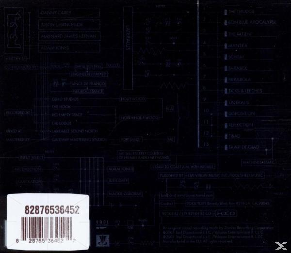 Album-Rückseite mit blauem und weißem Text. Enthält ein diagrammartiges Design.