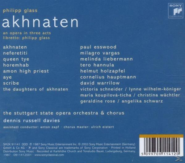 CD-Cover mit Text über Akhnaten, Oper in drei Akten von Philip Glass, und Credits.