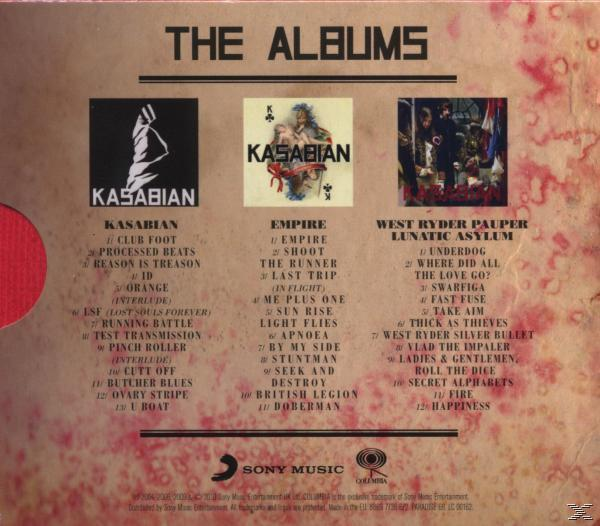 Albumcover mit drei gestapelten Albumcovern. Kasabian und eine Karte sind in der Mitte.