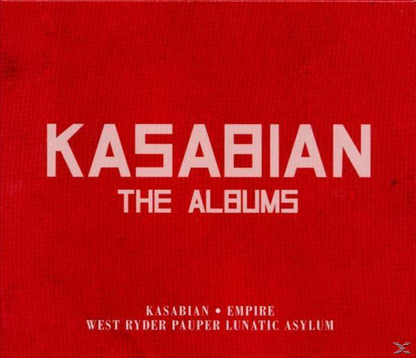 Rotes Albumcover mit großem weißem Text 'KASABIAN THE ALBUMS' und einem Bandnamen.