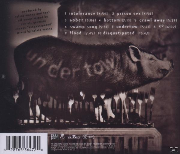 CD-Cover für Tool's 'Undertow'. Zeigt ein Schwein mit 'Undertow' darauf, umgeben von Gabeln.