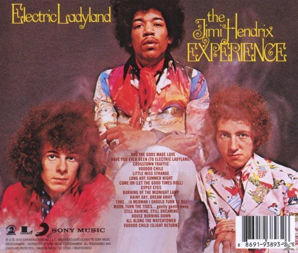 Albumcover mit The Jimi Hendrix Experience, drei Männern in buntem Hintergrund. Trackliste auf der Rückseite.