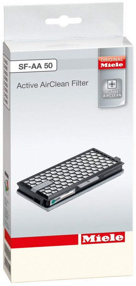 Een witte en rode Miele doos met een actief AirClean filter, zwart en grijs.
