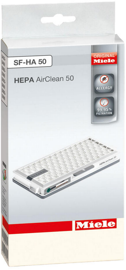 HEPA AirClean 50 filterbox met allergie- en filtratie-iconen. Merknaam Miele.