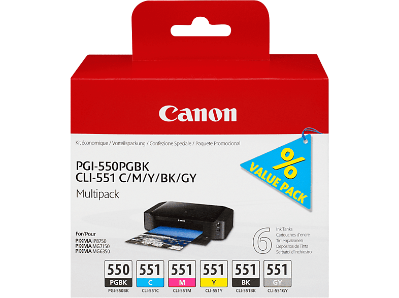 CANON PGI-550 Zwart + CLI-551 Cyan - Magenta - Geel - Zwart - Grijs (6496B005)