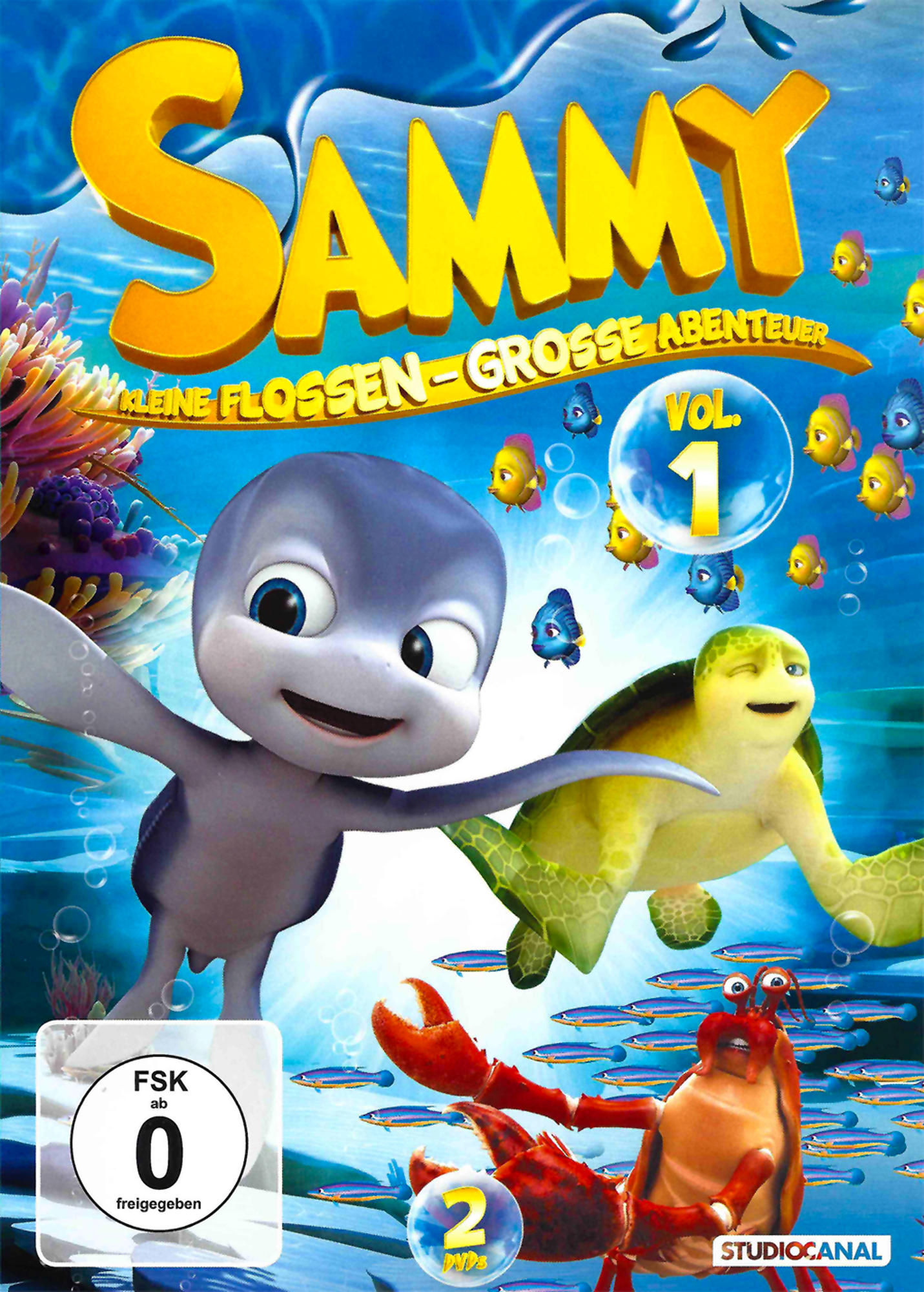 Animationsfilm-Poster für 'Sammys Abenteuer'. Enthält Zeichentrickfiguren: Sammy, eine Schildkröte, eine Krabbe und Fische.