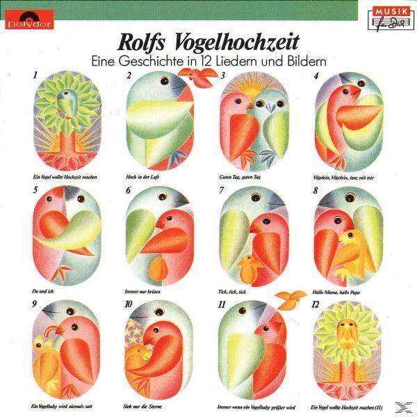 Albumcover mit bunten Vogelillustrationen. Text: 'Rolfs Vogelhochzeit'.