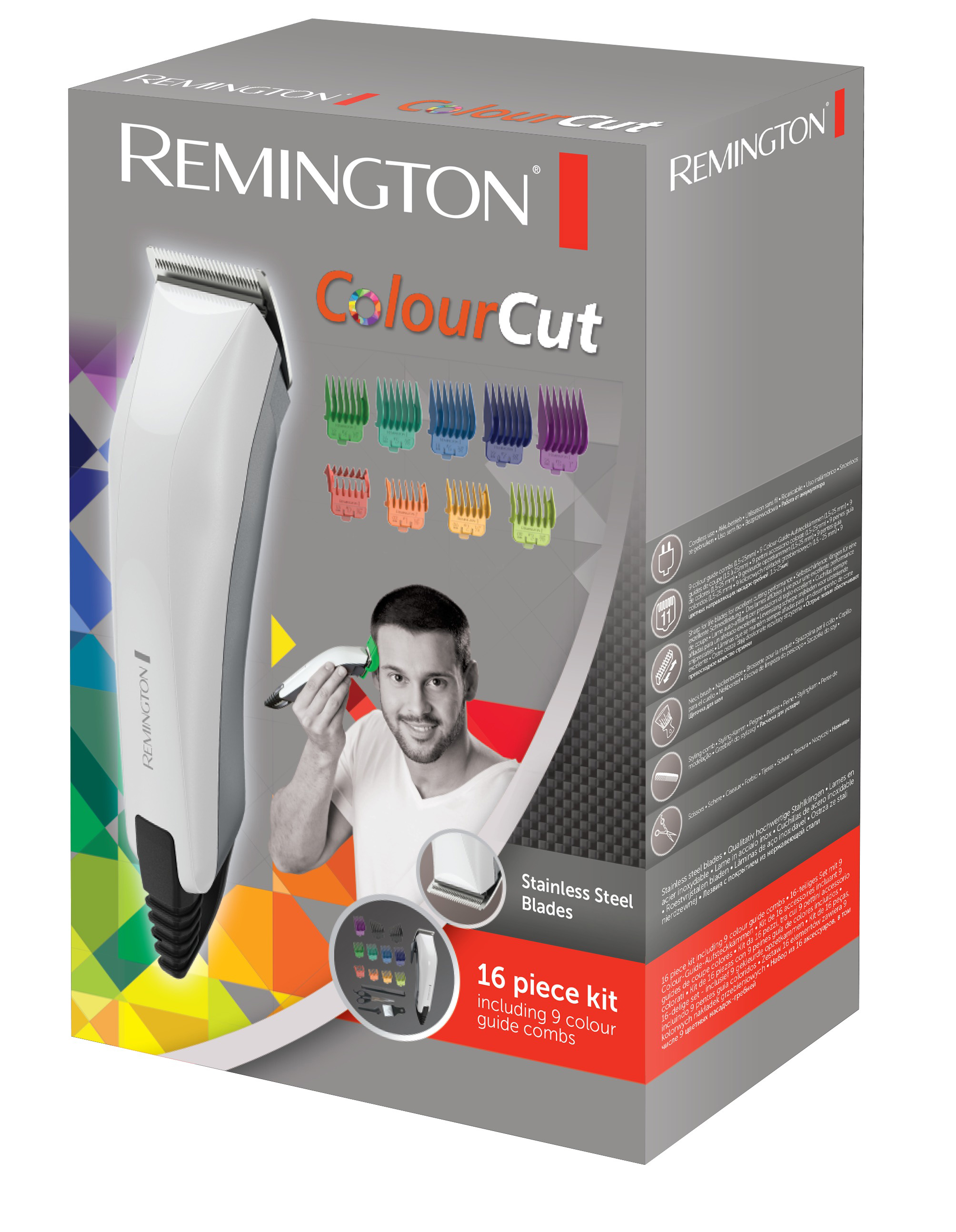 Verpacktes Remington Haarschneide-Set mit mehreren Farbführungen und einem Mann, der den Clipper an sich selbst benutzt.